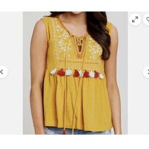 Altar'd State Embroidered Sleeveless Blouse-Small-Tassel Details-Peplum Hem